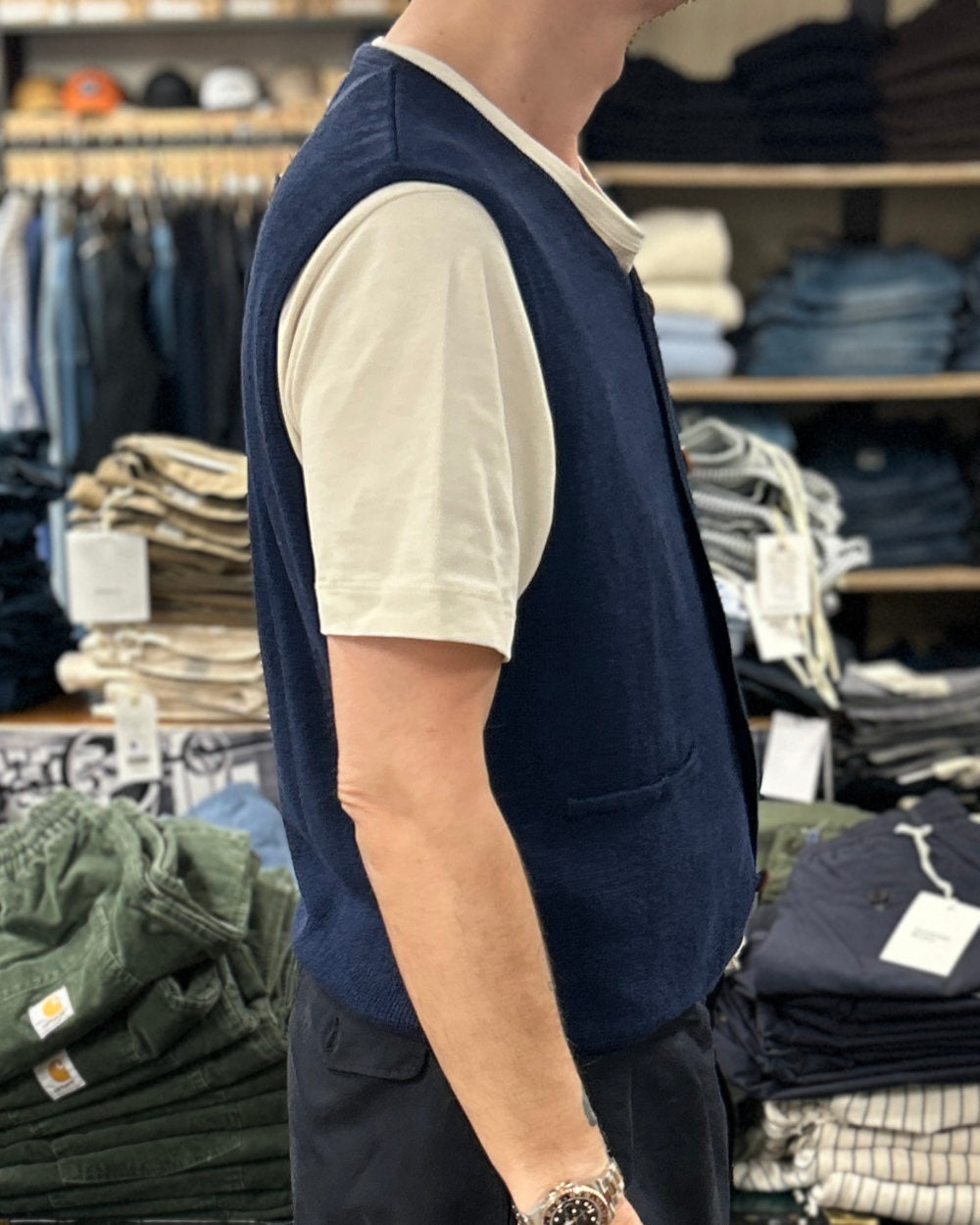max rohr max 3 buttons vest indigo linen – www.sublime.bz