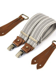 bertelles selvedge wide braces with cognac leather ecru stripe on grey