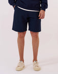 universal works clean short navy derby stripe