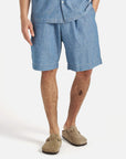 universal works pleated track short washed indigo chambray