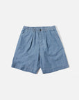 universal works pleated track short washed indigo chambray