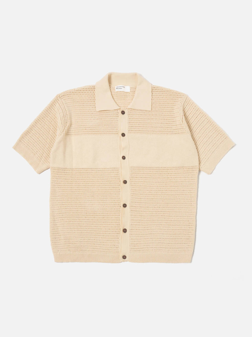 universal works short sleeve polo knit shirt ecru open knit (LAST