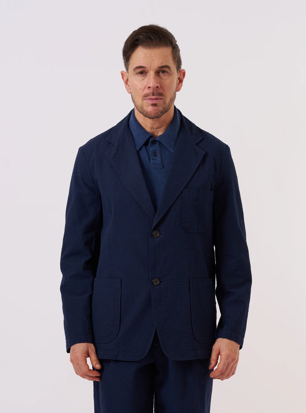 universal works two button jacket navy derby stripe – www.sublime.bz
