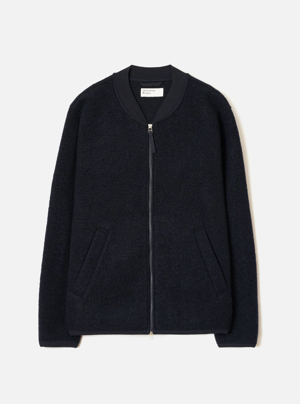universal works wool fleece zip bomber jacket navy