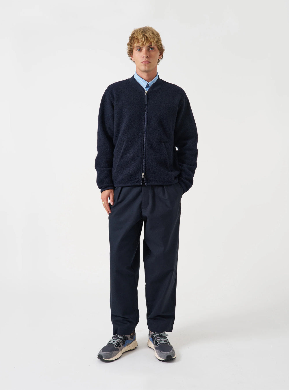 universal works wool fleece zip bomber jacket navy