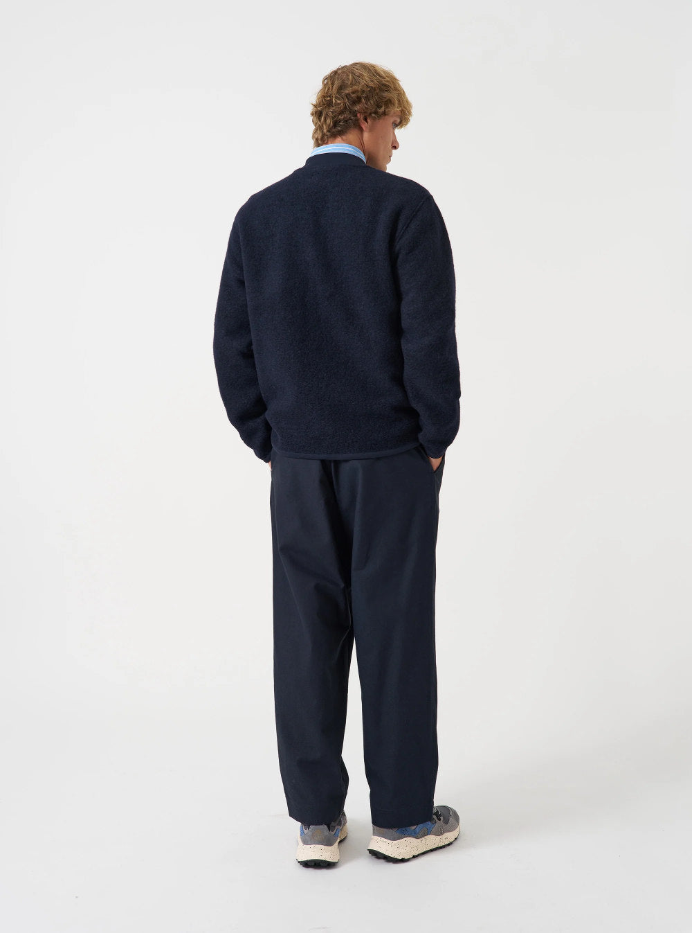universal works wool fleece zip bomber jacket navy