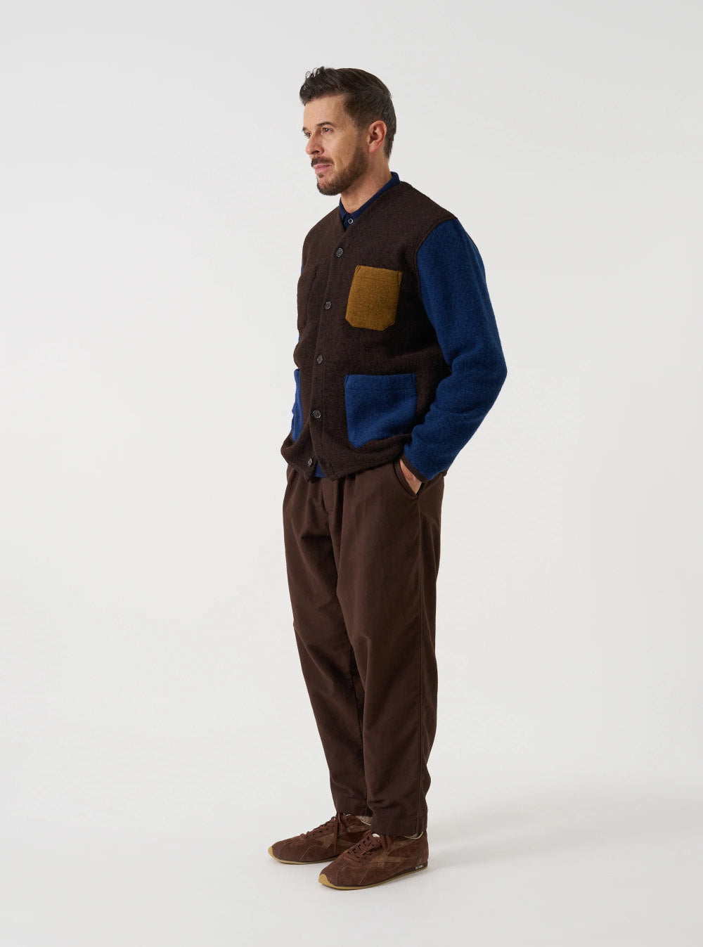 universal works wool fleece cardigan brown indigo