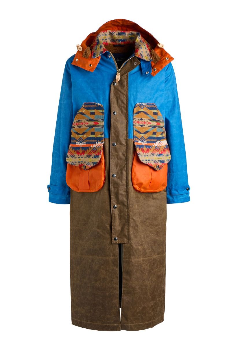 manifattura ceccarelli native long jacket 7099 wx mid blue dark tan orange sugarkane