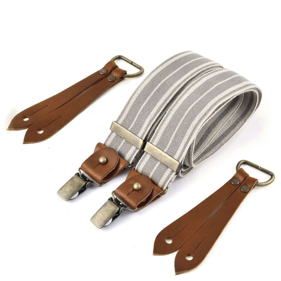 bertelles selvedge wide braces with cognac leather ecru stripe on grey