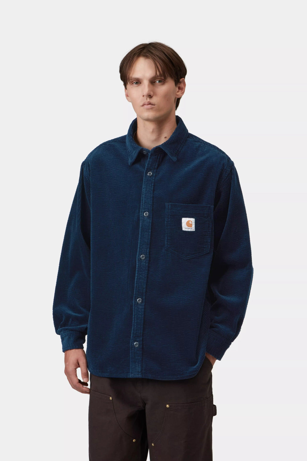 carhartt wip long sleeve loyde cord shirt dark navy rinsed
