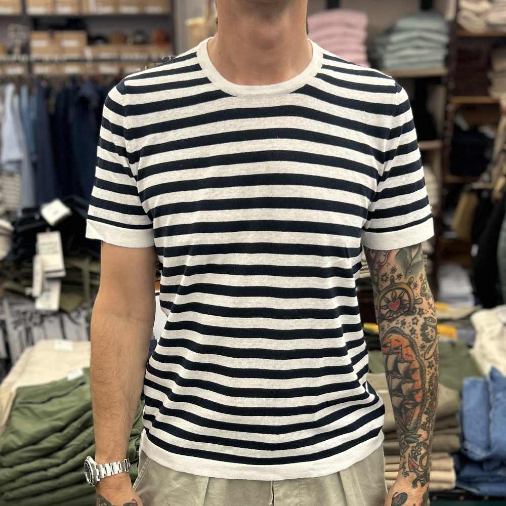 grp blr 10/14 crewneck short sleeve t-shirt ecru blue cotton linen