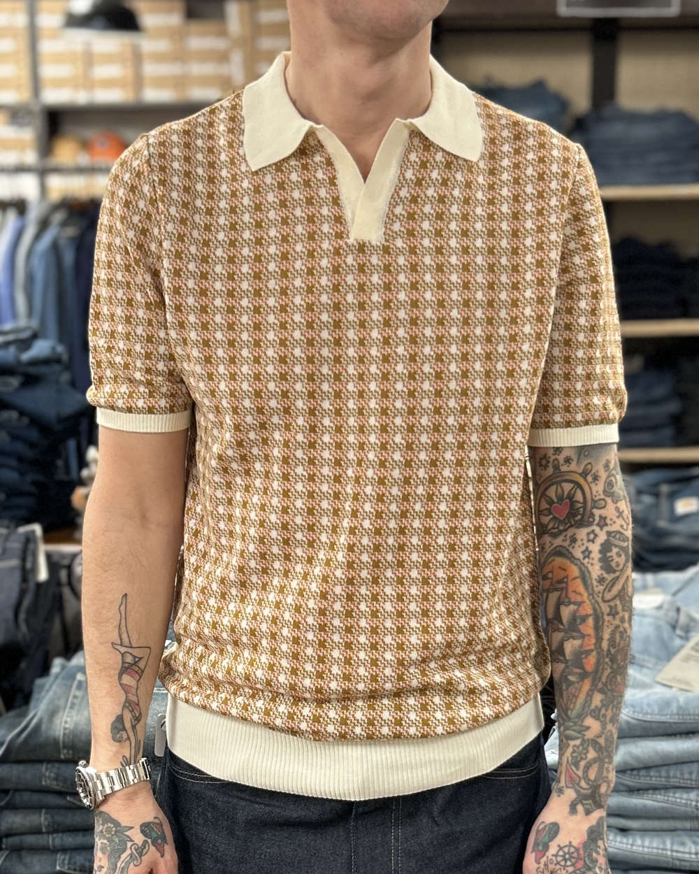grp neo polo short sleeve ecru orange tabacco