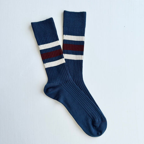 heritage 9.1 vintage 1980 socks denim natural and bordeaux stripes