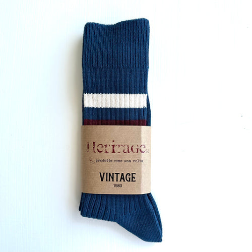 heritage 9.1 vintage 1980 socks denim natural and bordeaux stripes