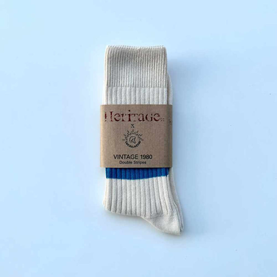 heritage 9.1 vintage 1980 socks  natural double cobalt stripes