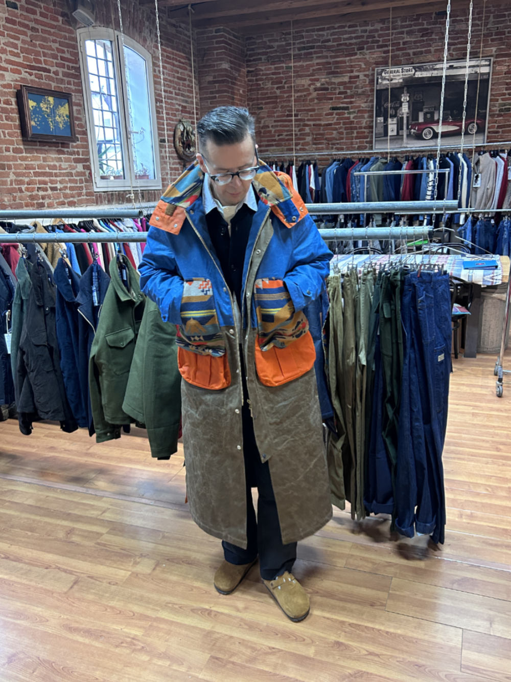 manifattura ceccarelli native long jacket 7099 wx mid blue dark tan orange sugarkane