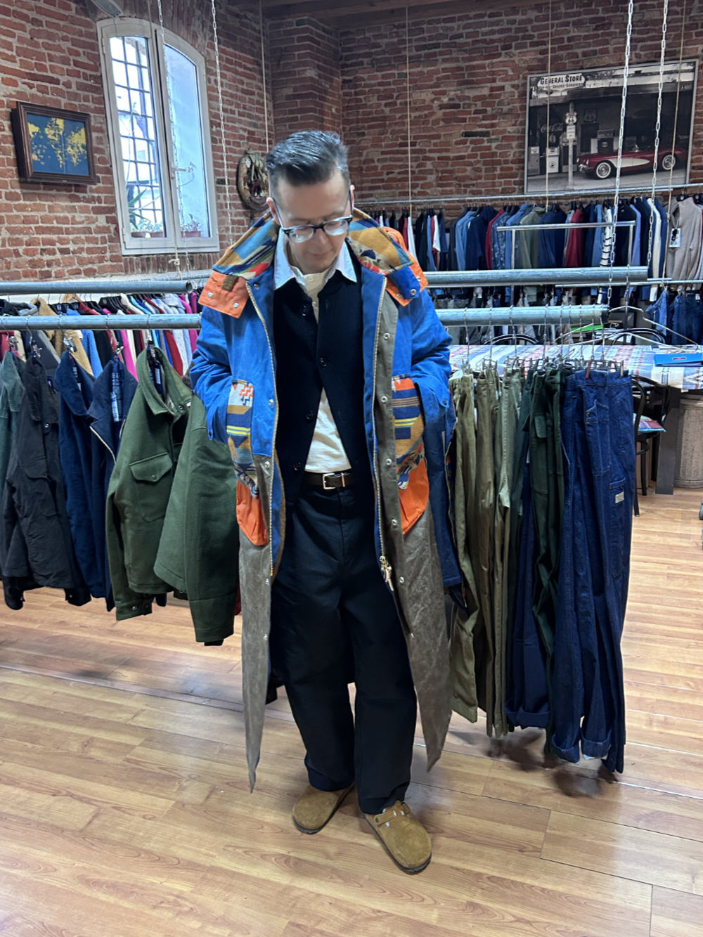 manifattura ceccarelli native long jacket 7099 wx mid blue dark tan orange sugarkane