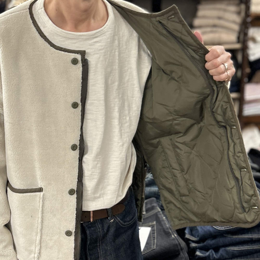 taion military reversible crew neck down jacket dark olive cream