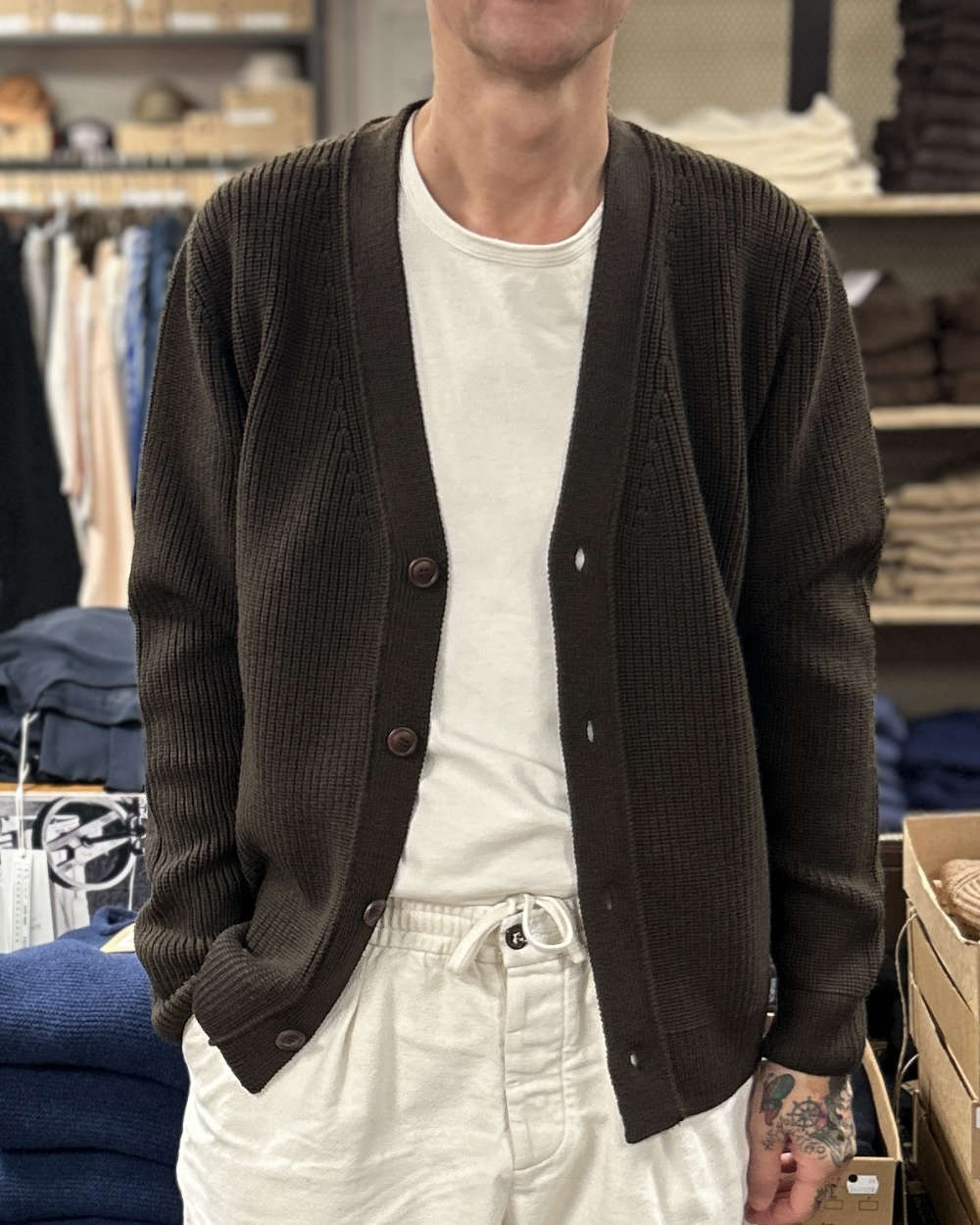 tela genova mattia cardigan merino wool mattone