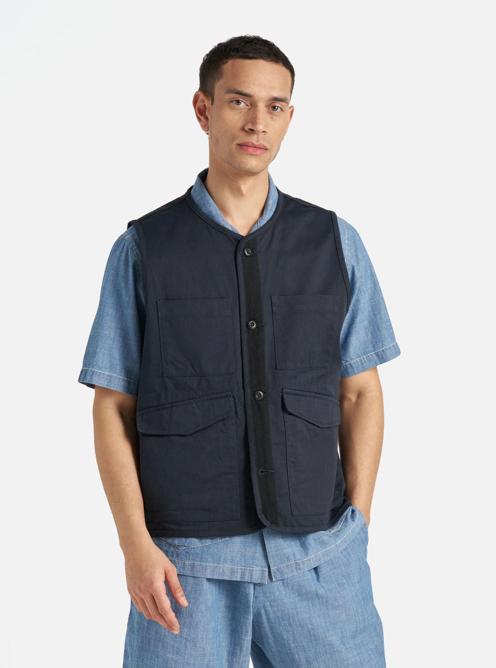 UNIVERSAL WORKS ジップライナージャケット オンブレチェック S universalworks4pocketgiletnavy