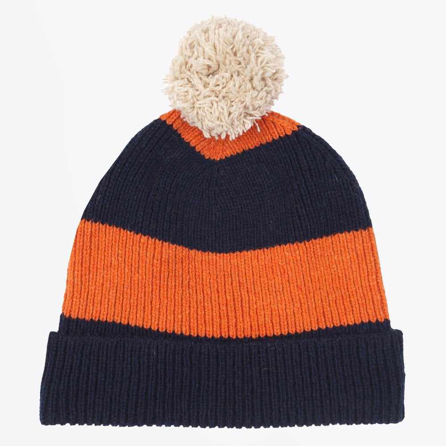 universal works bobble hat eco wool stripe navy orange stripe
