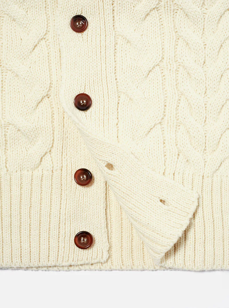 universal works cable knit cardigan in soft wool ecru (LAST SIZE MEDIUM)