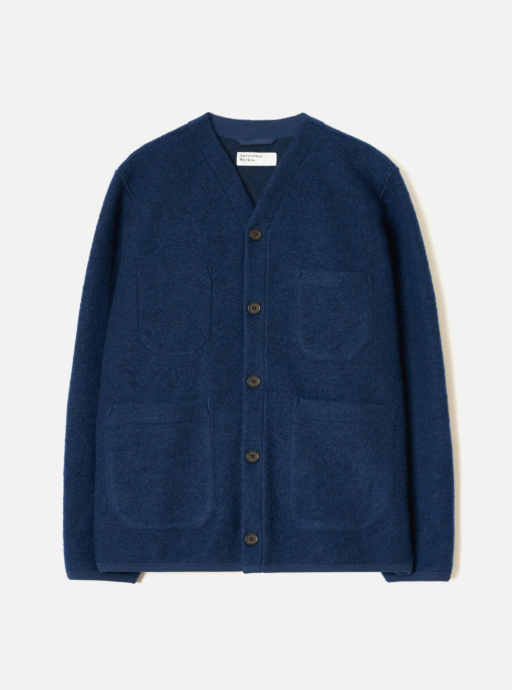 universal works cardigan wool fleece indigo