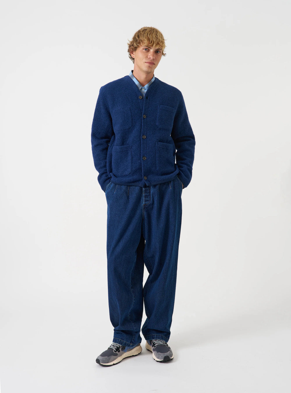 universal works cardigan wool fleece indigo