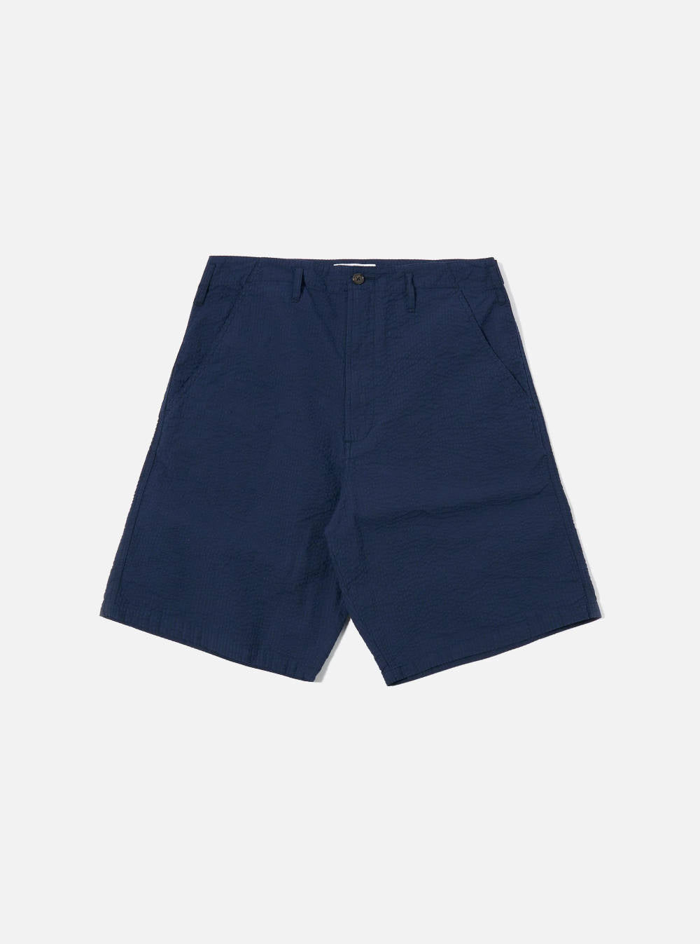 universal works clean short navy derby stripe