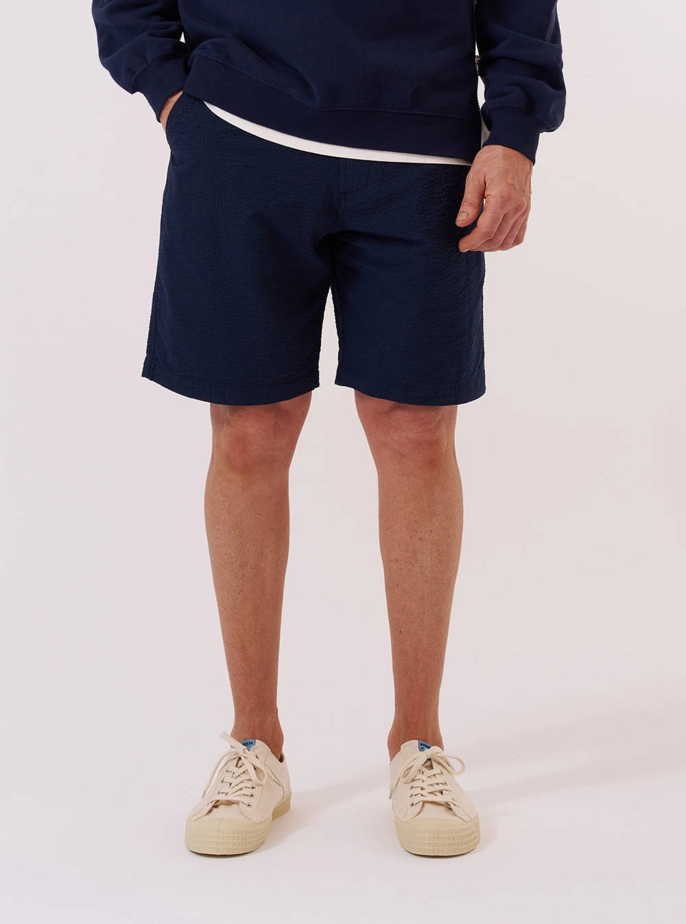 universal works clean short navy derby stripe