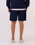 universal works clean short navy derby stripe