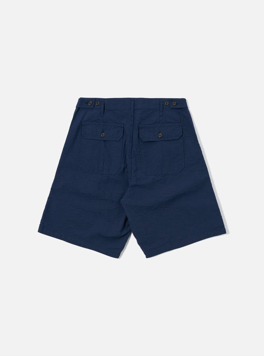 universal works clean short navy derby stripe