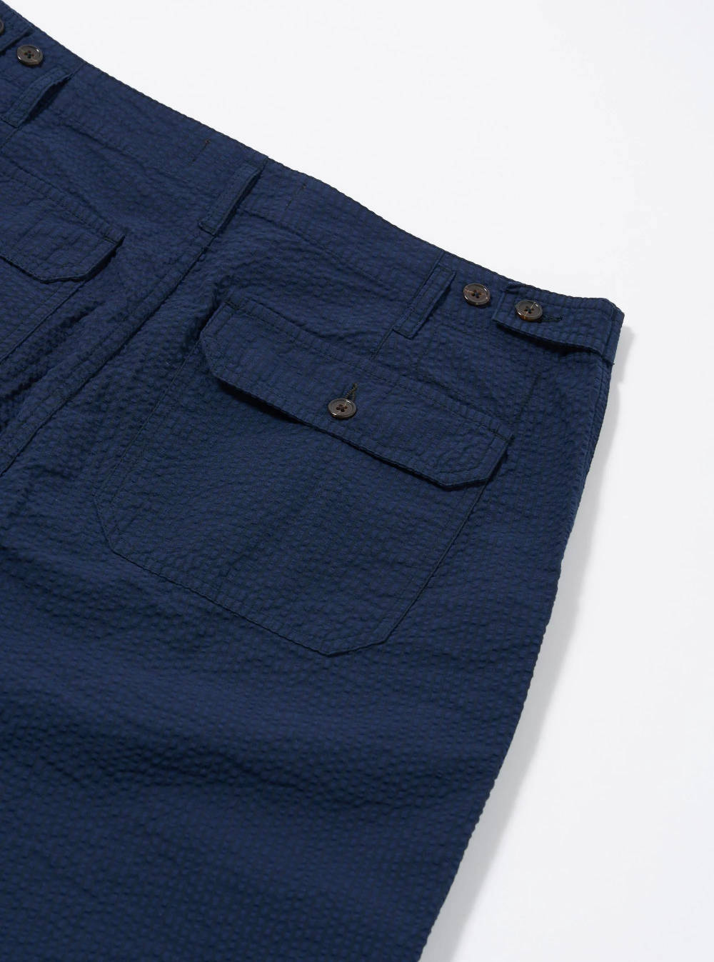 universal works clean short navy derby stripe