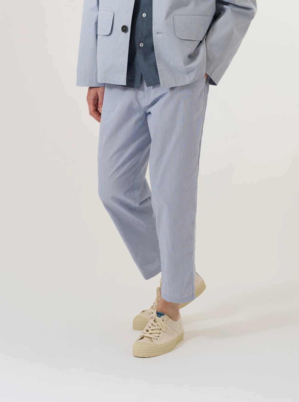 universal works hi water trouser navy kennedy stripe