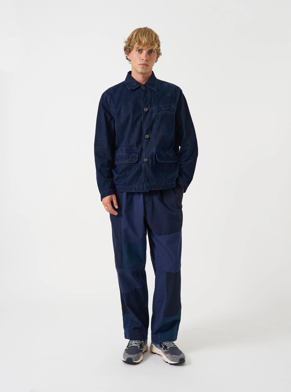 universal works oxford pant patchwork twill navy