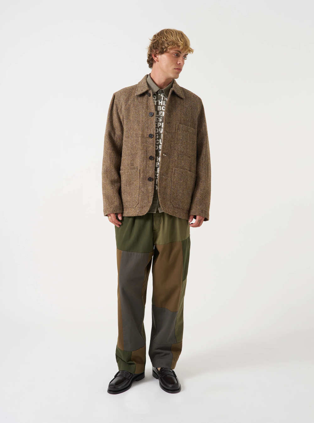 universal works og bakers jacket harris tweed sand brown