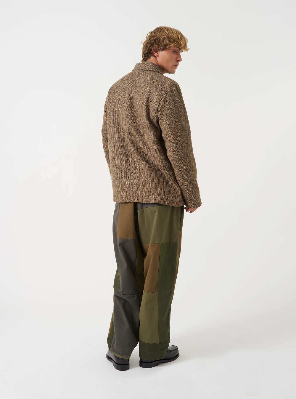 universal works og bakers jacket harris tweed sand brown