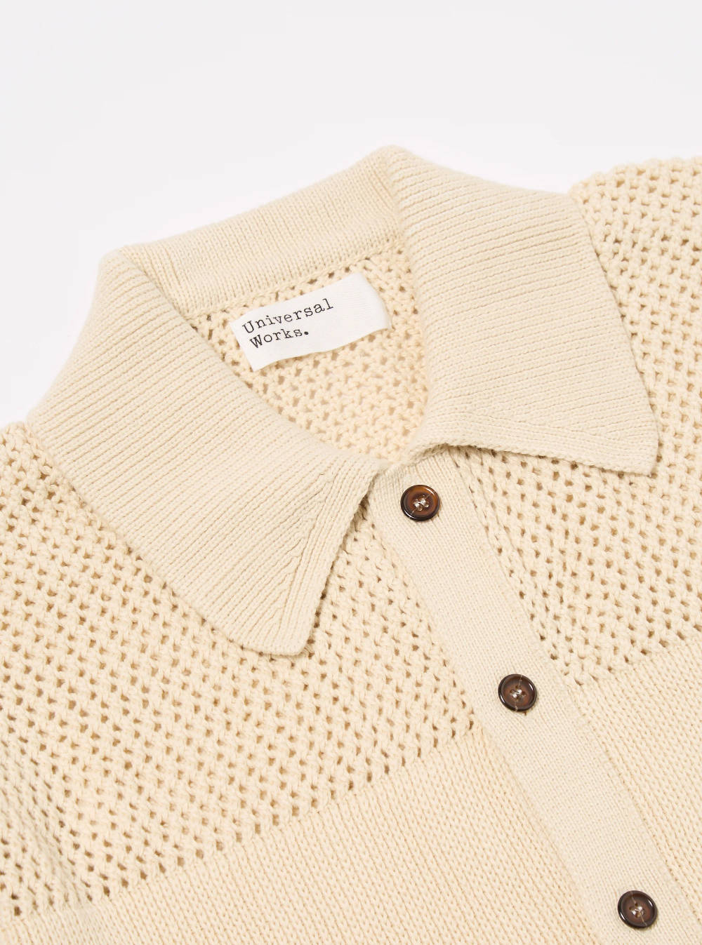 universal works short sleeve polo knit shirt ecru open knit (LAST
