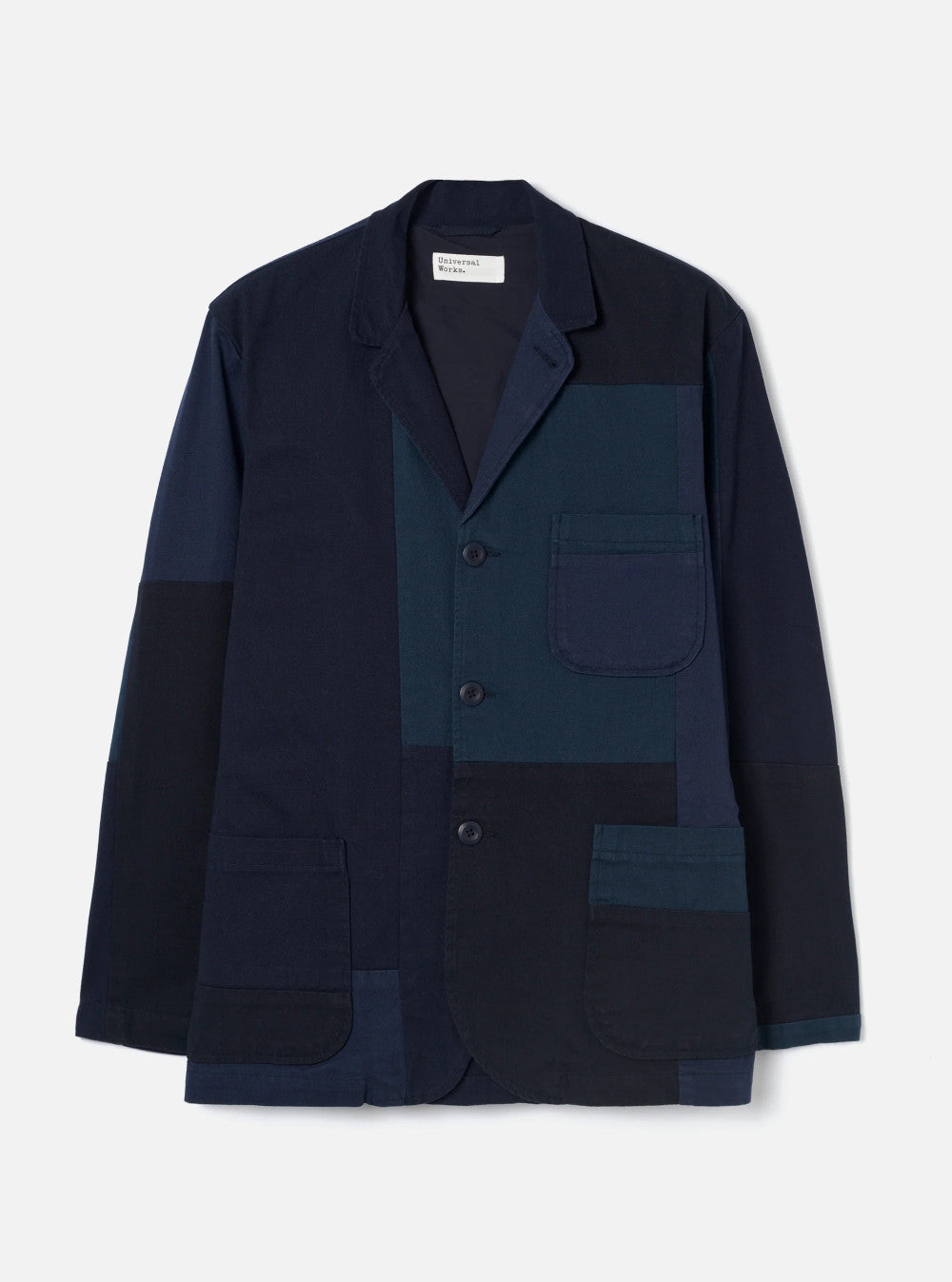 universal works three button jacket patchwork twill navy