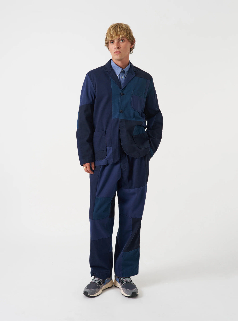 universal works three button jacket patchwork twill navy