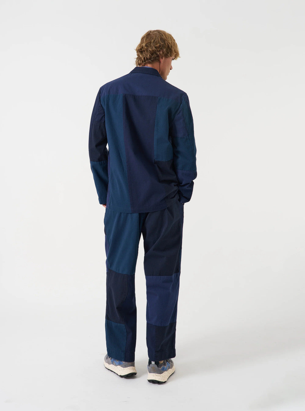 universal works three button jacket patchwork twill navy