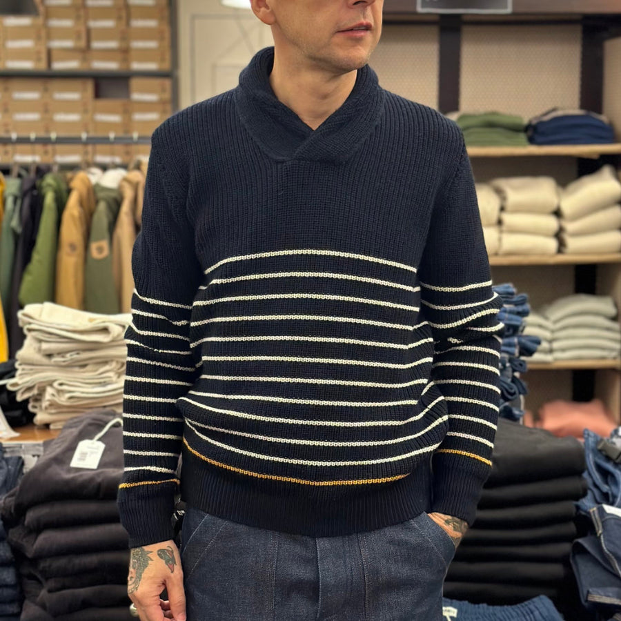 grp tec7 shawl collar pullover blue ecru