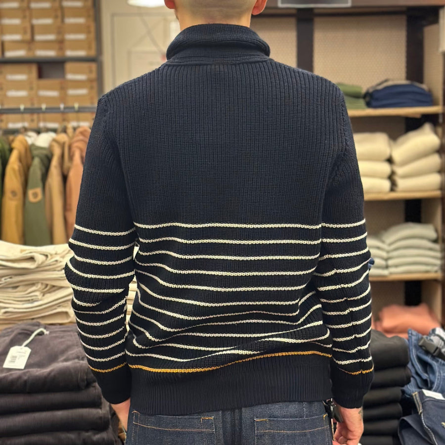 grp tec7 shawl collar pullover blue ecru