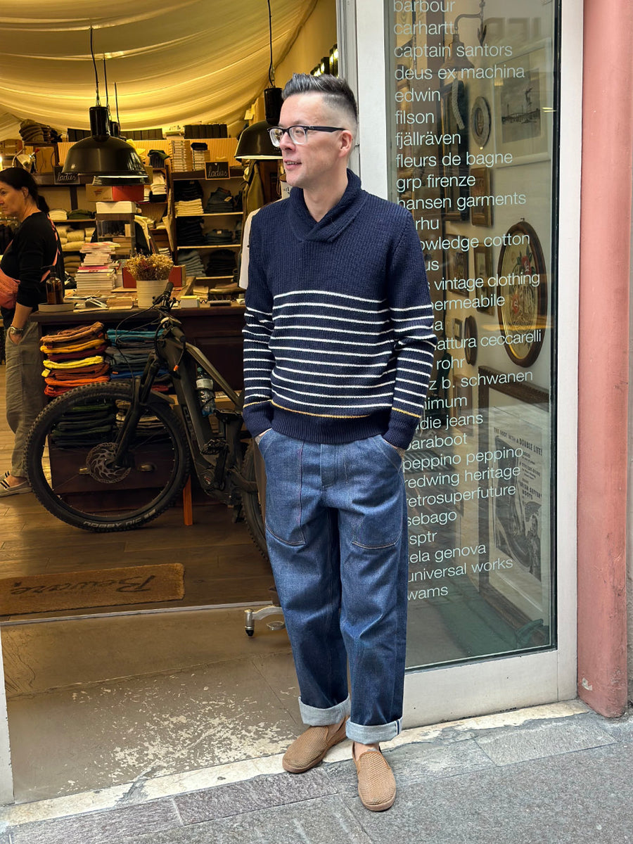 grp tec7 shawl collar pullover blue ecru