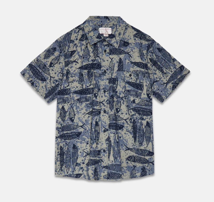 filson short sleeve chambray shirt blue ink fish print