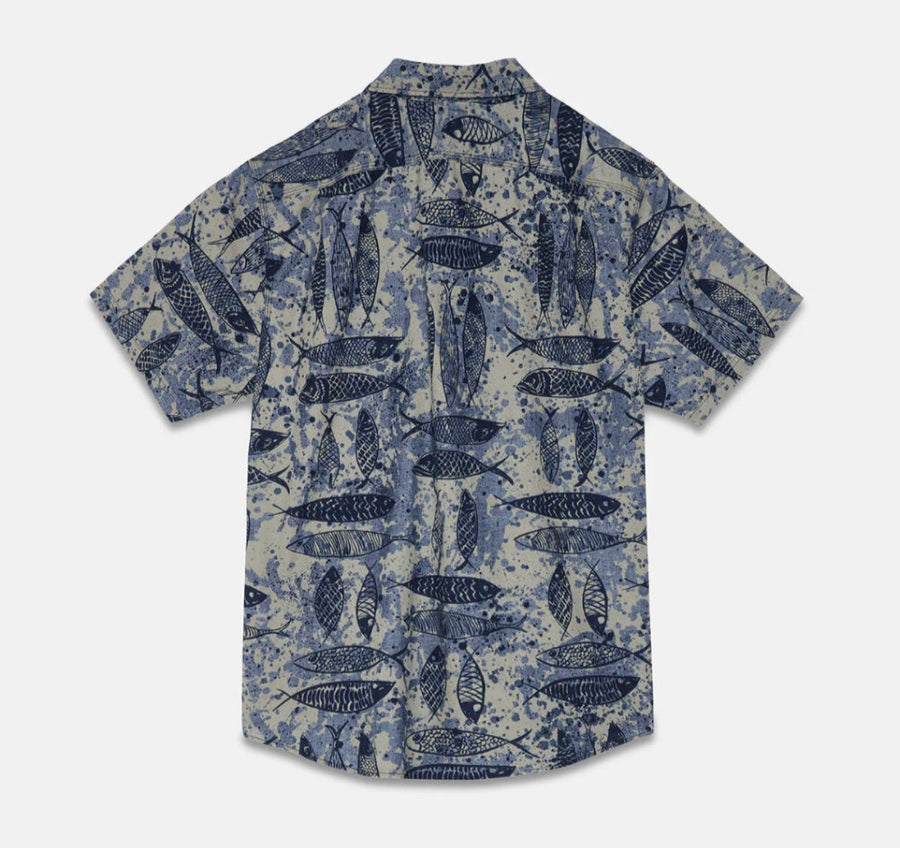 filson short sleeve chambray shirt blue ink fish print