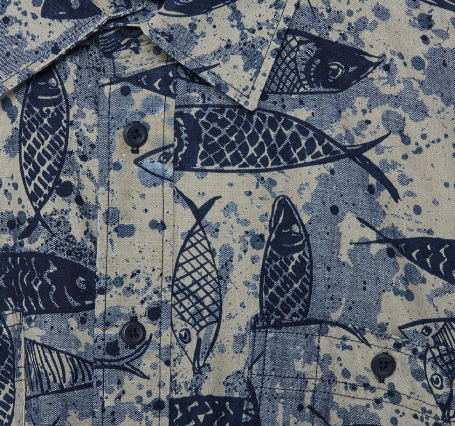 filson short sleeve chambray shirt blue ink fish print