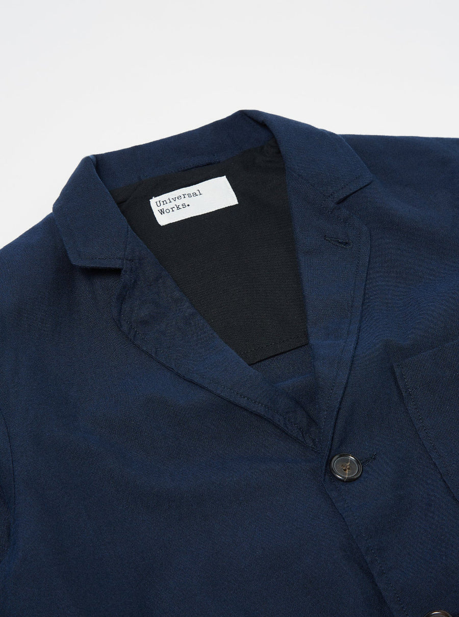 universal works three button jacket navy cotton mix suiting