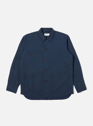 universal works travail shirt navy cotton seersucker (LAST SIZE XLARGE)