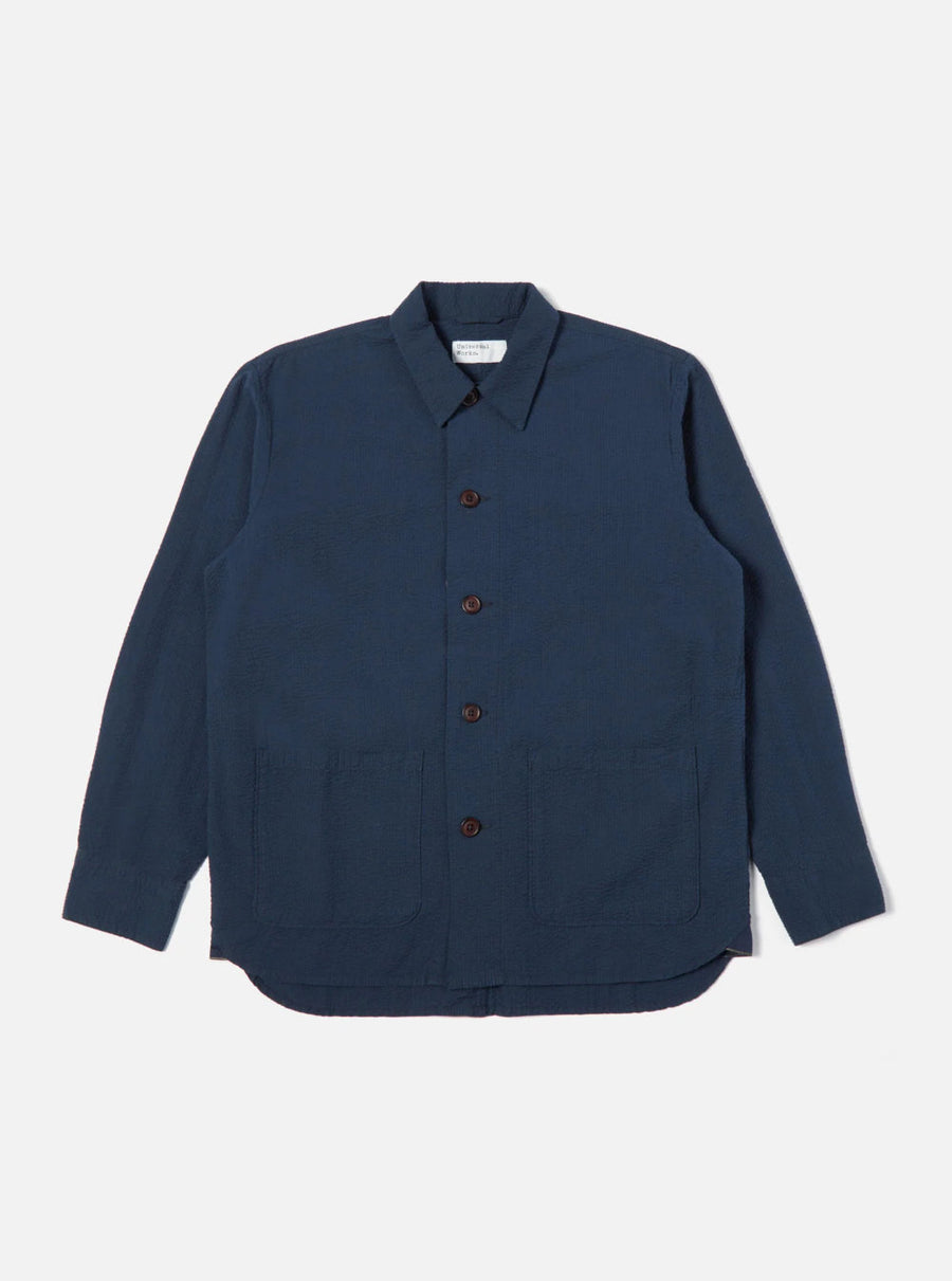 universal works travail shirt navy cotton seersucker (LAST SIZE XLARGE)